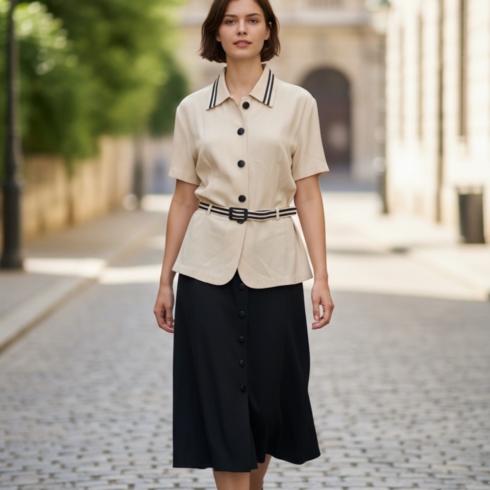 Jeffrey & Dada Vintage Elegant Blue Midi Skirt & Blouse Set